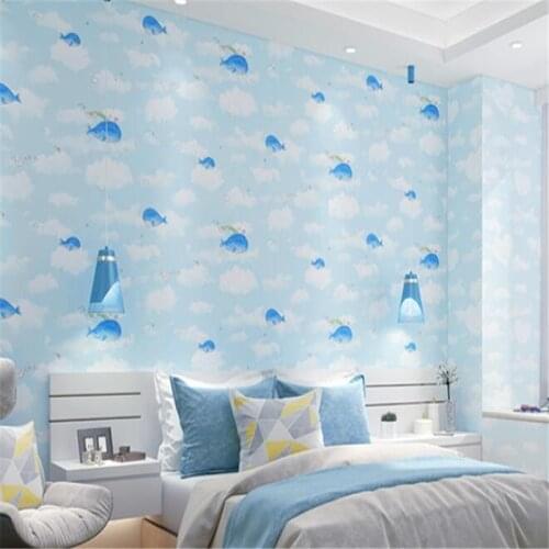 Beibehang Cartoon Hand Painted Dolphin Cloud Childrens Room 3d Wallpaper Blue Pink Warm Girl Bedroom wallpaper for living room