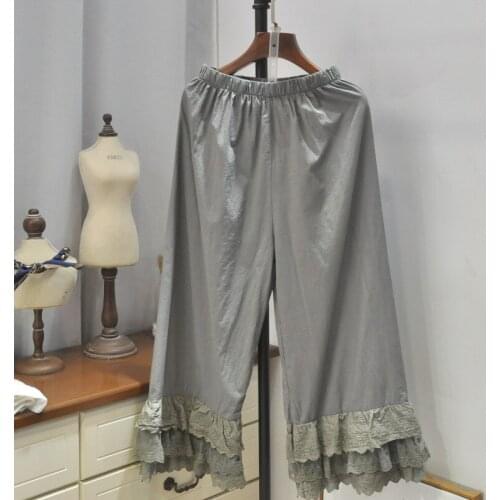 Medieval Style Summer Pants for Women New Casual Simple Solid Color Ruffle Stitching Foot Elastic Waist Loose Straight Pants