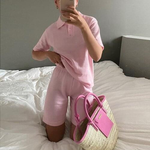 COKAGO Summer Knitting Womens Tracksuit Shorts Sets High Waist Two Piece Set Women Summer Polo And Shorts 2 Pieces Outfits