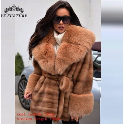 90CM Long Natural Real Mink Fur Coat Jackets Luxury Natural Real Mink Fur Coat With Belt Big Collar For Womens Jacket Coats