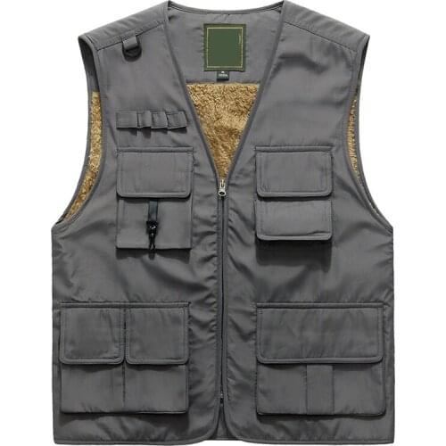 Men Plus Size Winter Hiking Vests Outdoor Multi-pocket Unloading Fleece Thickness Photograph Sleeveless Jacket Fishing Waistcoat
