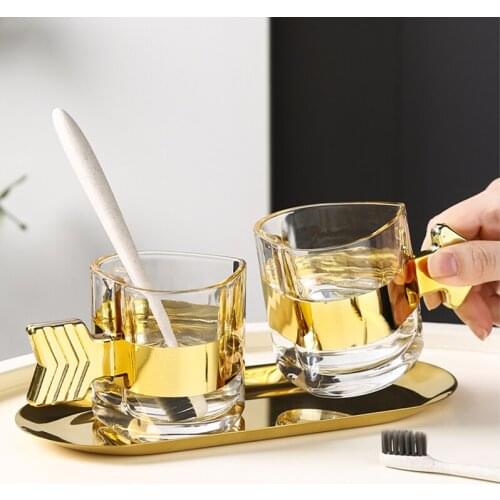 European Style Stained Glass Couple Mouthwash Cup with Tray Golden Heart-shaped Toiletries Household Bathroom Brushing Cup Gift