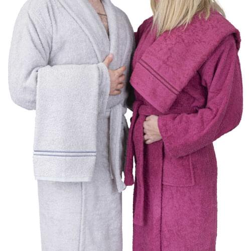 Couples Robe Spa Bathrobe STRIPE 4-PIECE BATHROBE SET - PURPLE - GRAY Gift set for husband and wife , mother and father