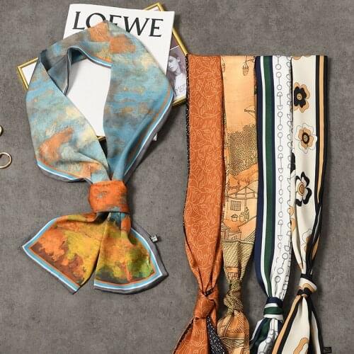 Small Silk Scarf Female Four Seasons Casual Fashion Geometric Patchwork Floral Print Decorate Tie Bag Handle Ribbon Scarves