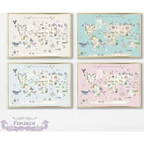 Kawaii Animals World Map Canvas Painting Nursery Wall Art Scandinavian Posters and Prints Cute Cartoon Pictures Kids Room Decor