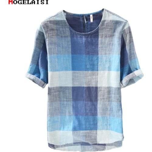 New 2018 summer Shirt men cotton linen Loose half Shirt for man thin Retro art plaid Flax Shirt Linen Men Clothing size M-3XL