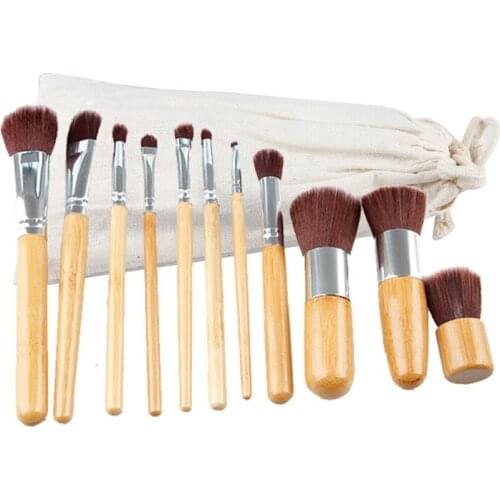 Wholesale Wood Handle 11pcs Makeup Cosmetics Brush Bamboo Eyeshadow Foundation Concealer Brush Eyeshadow Toiletry Brush 100sets