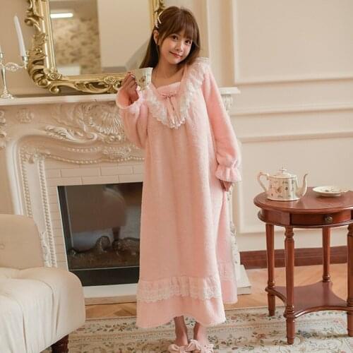 Autumn and Winter Thickened Flannel Nightdress Princess Style Sweet Coral Velvet Korean Cute Nightdress Women Long Sleep Tops