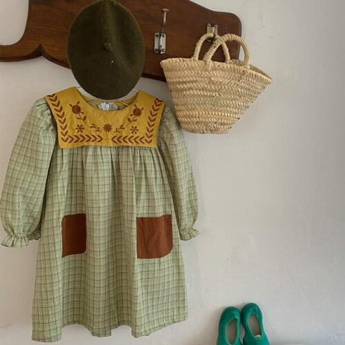 Korean Style 2021 New Autumn Baby Girls Plaid Princess Dress Embroidery Floral Puff Sleeve Toddler Kids Clothes Children Dresses