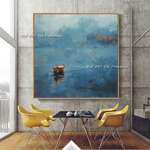 Handmade Abstract Modern Landscape Canvas Paintings Simple Boat Lake Oil Painting Wall Art Nordic Living Room Home Decoration