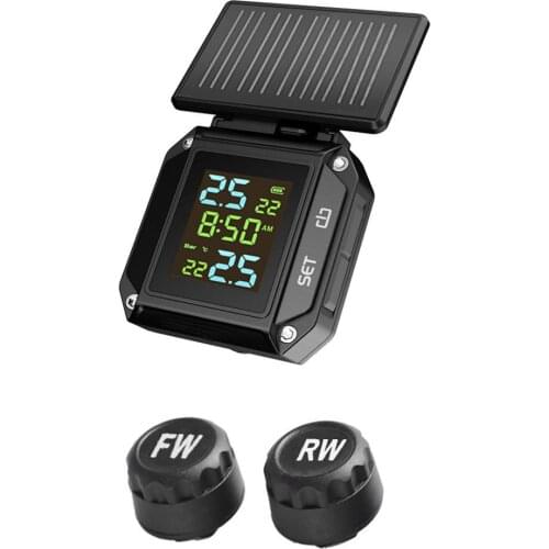 Solar Powered Waterproof Motorcycle TPMS Kit Wireless LCD Motor Tire Tyre Pressure Monitoring Alarm System with 2 External Senso