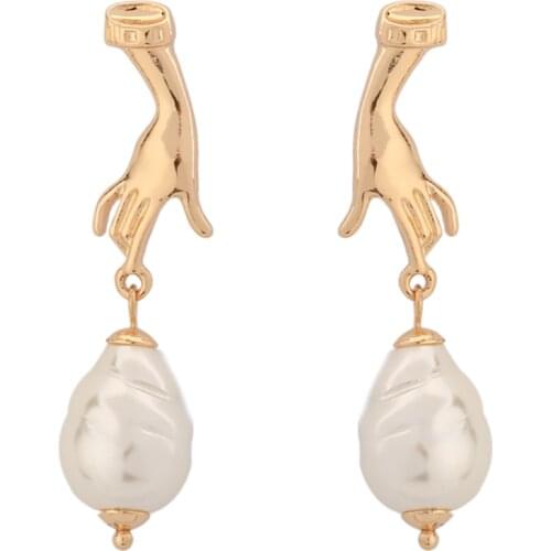 SRCOI Art Abstract Cutout Hand Palm Pearl Dangle Earrings Gold Filled Long Wedding Earring Pendant For Lady Bohemian Jewelry New