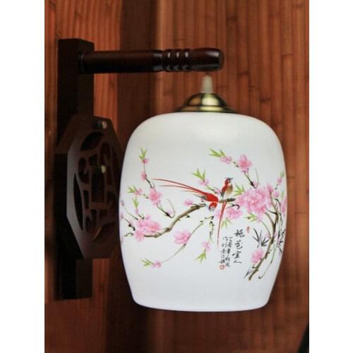 LED Vintage Arm Wall Lamp E27 Jingdezhen Porcelain Lampshade Wood Holder Bedroom Night Light Hotel Lamp Lighting Wall Lights
