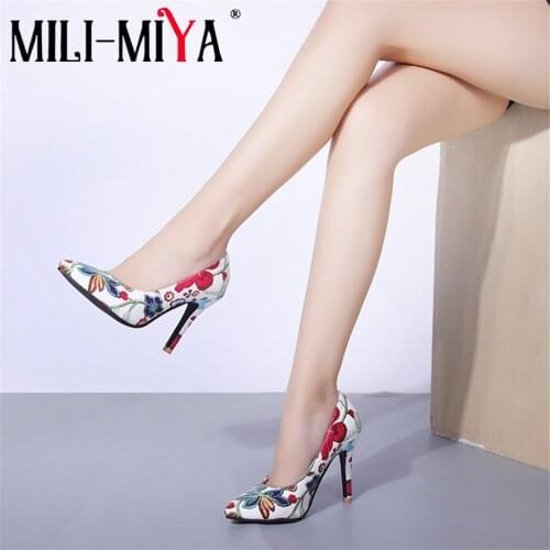 MILI-MIYA Large Size 33-45 Fashion High Heels Shoes With Embroidery Flowers Chinese Style Slip On Pointed Toe Pumps Women
