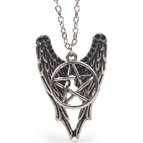 Vintage Silver Supernatural Pentagram Necklace Punk Wings Best Friend Anchor Pendant Star Heart Necklace For Women Jewelry