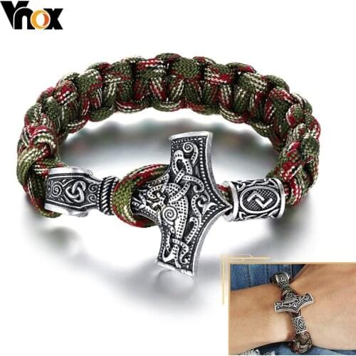 Vnox Mens Vintage Thor Hammer Viking Mjolnir Rope Bracelets, Retro Norse Mythology Runes Amulet Wristband Jewelry