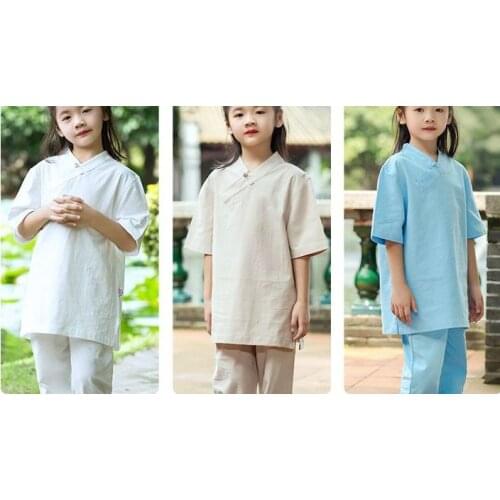 High quality cotton&linen Kids yoga suits kung fu martial arts uniforms boy&girls lay wushu clothing white/blue/khaki