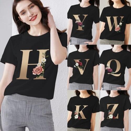 Summer Womens T-shirt 26 English Alphabet Printing Series Short-sleeved Casual Ladies O-neck Personality Soft Short-sleeved