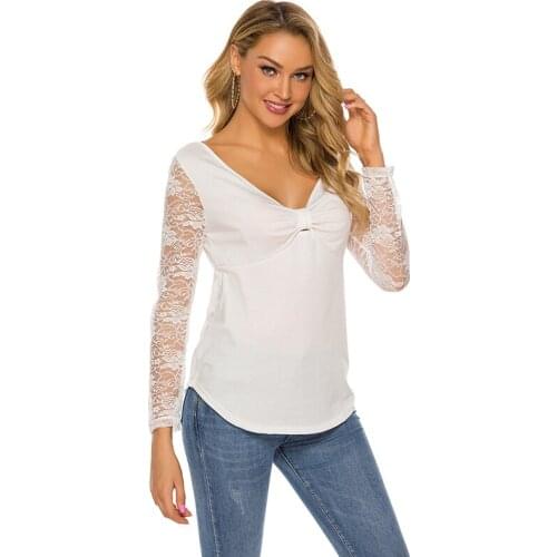 Women t-shirts Summer Solid Color womens Tops Harajuku Summer Lace Top Ladies V-neck Hipster Camisetas Verano Mujer 2020