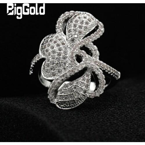 Women Fashion Rings With CZ Pave Setting Copper Plated Rhodium Flower Design Cubic Zircon Ring Ladies Anniversary Party Jewelry