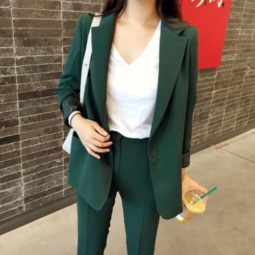SHIJIA Pant Suits 2 Piece Srts Woman Green Solid Notched Collar Ol Blazer Jacket and Pants Female Office Wear Lady 2020