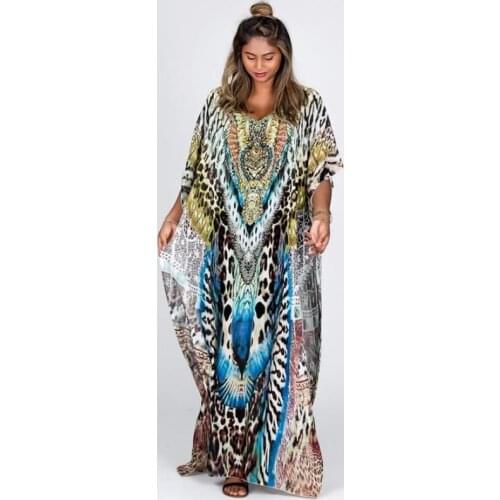 2021 Retro Leopard Morrocan Kaftan Plus Size Indie Folk V-neck Batwing Sleeve Side Split Summer Dress For Women Clothing N1234