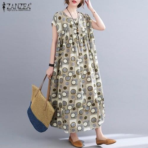 Plus Size Womens Summer Sundress ZANZEA 2021 Kaftan Floral Dress Casual Printed Maxi Vestidos Female Pleated Robe Femme 5XL