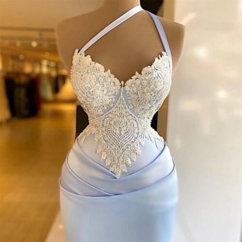 Light Blue Satin Mermaid Evening Dress Lace Appliques Ruched Prom Gowns Custom Made Sweep Train vestido de novia