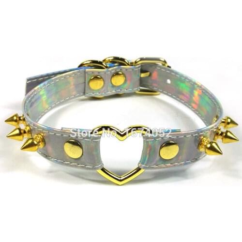 Harajuku Lolita Handmade Womens Holographic Choker Gold Metal Spikes Collar Spiked Studded Heart Shaped Buckle Laser Necklace