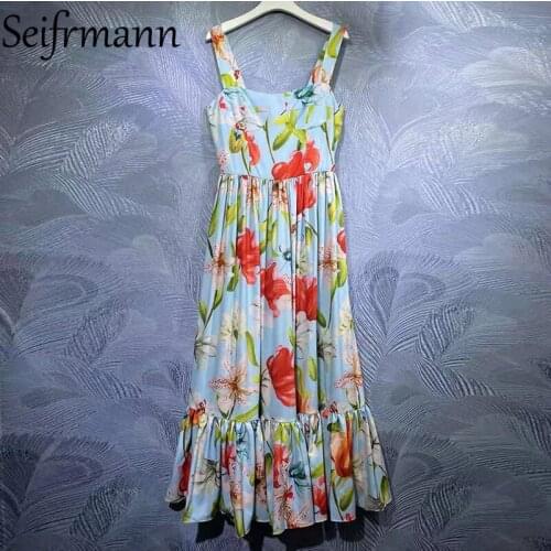 Seifrmann New 2021 Summer Women Fashion Runway Party Long Dress Sexy Spaghetti Strap High Waist Printed Ladies Dresses Vestidos