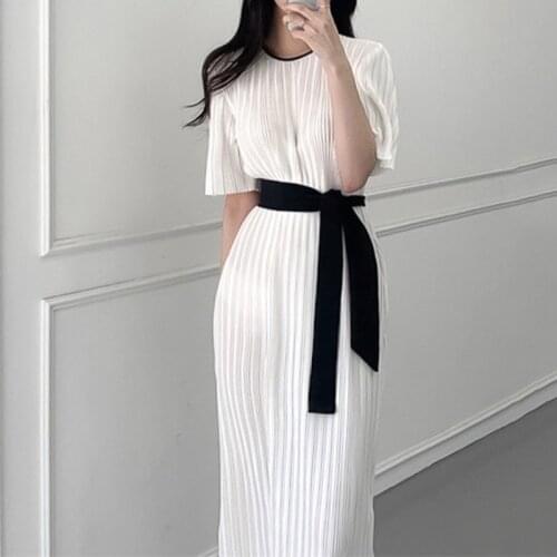 Korea Chic Dress Woman Summer Elegant O-neck White Pleated Vestido Woman Dresses Loose Lace-up Vintage Maxi Dress Female 2021