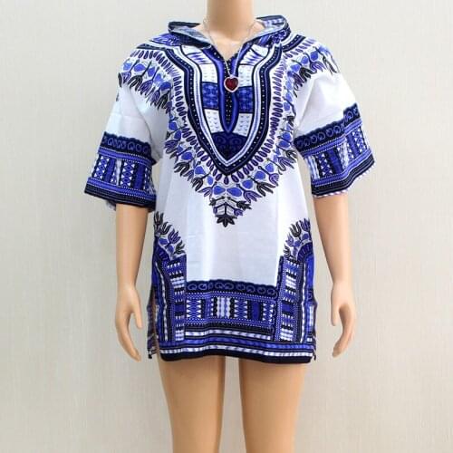 Dashiki African V-Neck White Blue Short Sleeve Pockets Indie Folk 2019 New Design Cotton