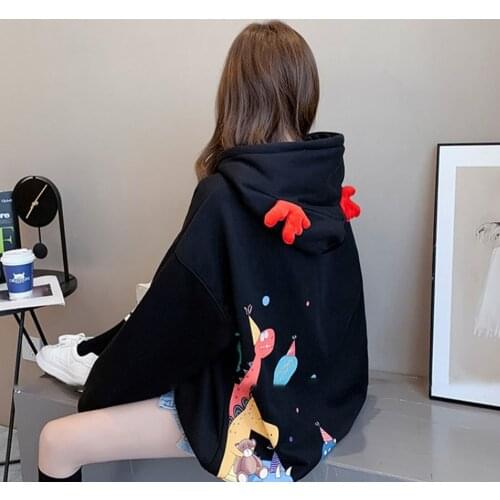 White Cute Girls Dinosaur Hoodies Kawaii Autumn Sweatshirt Tops Loose Spring Harajuku Outerwear Black High Street Pink Hoodie