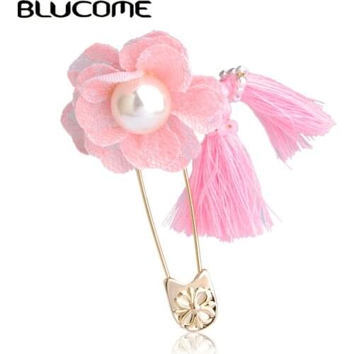 Blucome Pink Flower Tassel Brooches For Women Girls Kids Clothes Dress Accessories Simulated Pearls Cloth Lace Corsage Jewelry