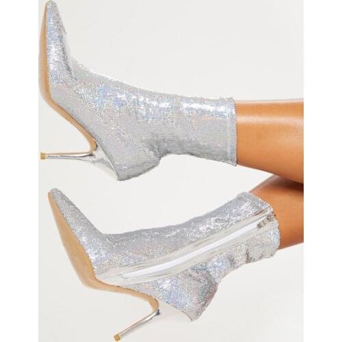 Silver Sequins Bling Bling Ankle Boots Thin High Heel Pointed Toe Prom Short Boots Woman Night Club Stage Glitter Boots