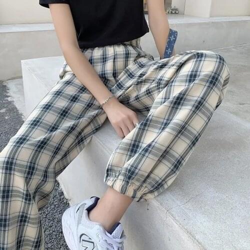 Plaid Harem Pants Women Joggers Summer Thin Plus Size Loose Korean Clothing Harajuku High Waist Trousers Fashion Streetwear