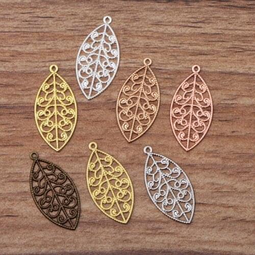 100 Pcs 25*13 mm Metal Copper 7 Colors Filigree Wrap Leaf Pendant DIY Jewelry Making Accessories