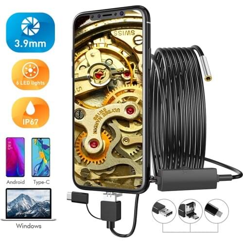 3.9MM Semi-Rigid 3 in 1 USB/Micro USB/Type-C Endoscope Camera HD 1080P IP67 Waterproof Sewer Camera With 6 LED Inspection Camera