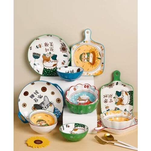 Ceramic bowls and plates Home cute salad bowl Korean steak dinner plate for one person Nordic bakeware with handle oven utensils