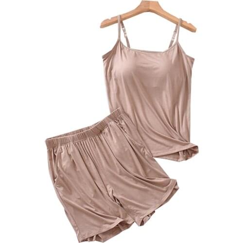 2021 Summer Ladies Solid Color Loose Large Soft Household Pajamas Set Comfort Model Sling+Shorts 2Pcs Sleepwear With Chest Pad