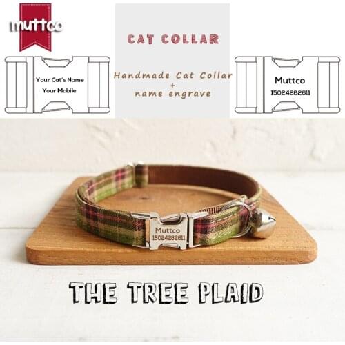 MUTTCO retailing handmade engraved metal buckle cat collar THE TREE PLAID fashion cat collar 2 sizes UCC040
