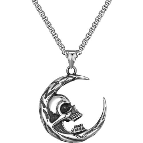 Stainless Steel Punk Rock Men Skull Crescent Moon Pendant Necklace Vintage Halloween Days Gift For Him with Chain