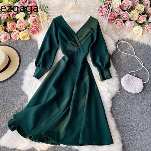 Ezgaga Elegant Dress Women Vintage Long Sleeve V-Neck High Waist Holiday Party Dress Solid Dresses French Style Robe Vestidos