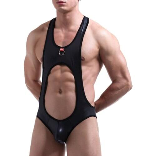 Sexy Mens Bodysuits Leotard PU Leather Exotic Jumpsuits Jockstrap Fetish Lingerie Undershirts Gay Latex Underwear Black Clubwear