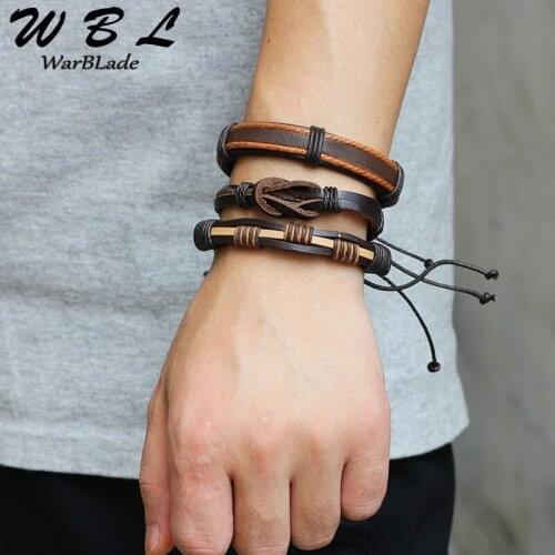 WarBLade Punk Wrap Wristband Vintage Genuine Leather Bracelet Men Charm Multilayer Braided Bracelets Bangle For Male 5pcs/Set