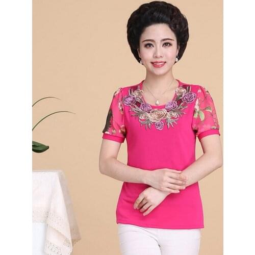 Fashion Women Cotton + Chiffon Long Sleeve T-shirt Lady Plus Size Tee Shirts Autumn Mother Top Embroidery Clothing