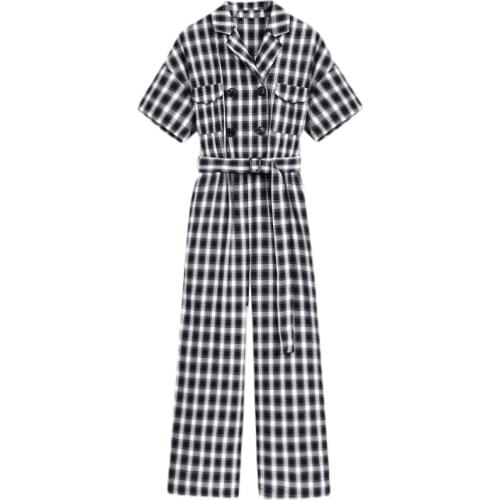 Plaid Jumpsuit Women Short Sleeve Vintage Elegant Korean Loose Wide Leg One Piece Pants Sets Overalls Summer Bandage Romper