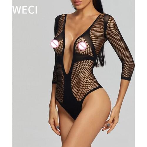 WECI Fishnet Catsuit Lingerie Sexy Thong Bodysuit Mesh Body Lace Woman Long Sleeve With Neckline Slimness Tights Kapron Two Wear