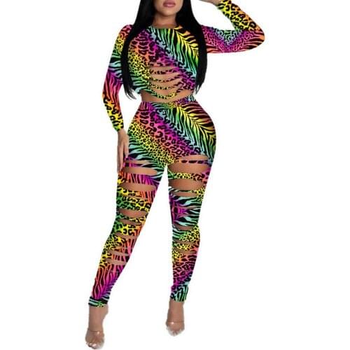 Womens Sport 2Pcs Set Cropped Shirt Hollow Trousers Long Sleeve Round Collar Casual Party Elastic Leopard High-Waist Pants Set