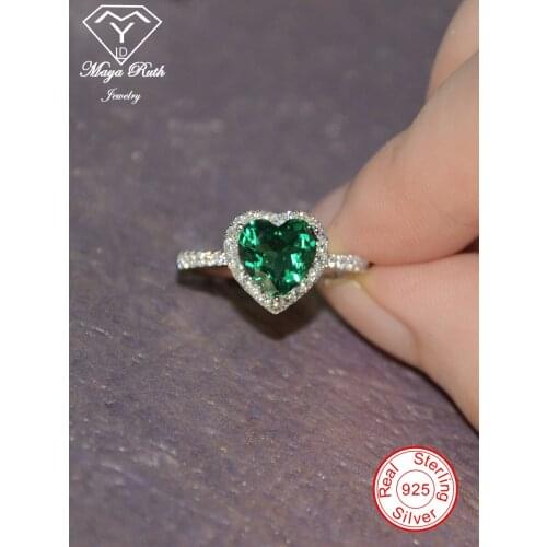 Created Emerald Real Echt 925 Sterling Silver Party Ring For Women Imitation Green Heart Shape Gemstone Female Lover Cute Gifts